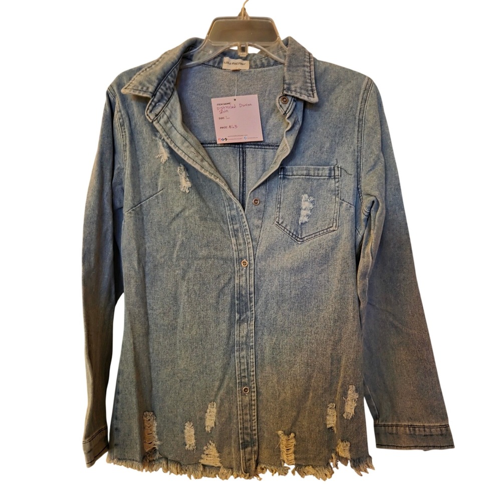 Lala Factory Womens Distressed Denim Shirt Light Wash Ripped Raw Hem Large